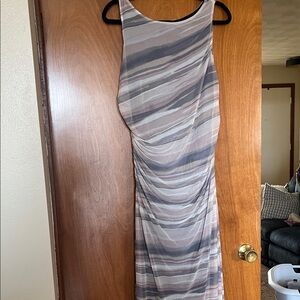 Nicole Miller Striped Sleeveless Maxi Dress in Gray and Cream with Taupe Accents